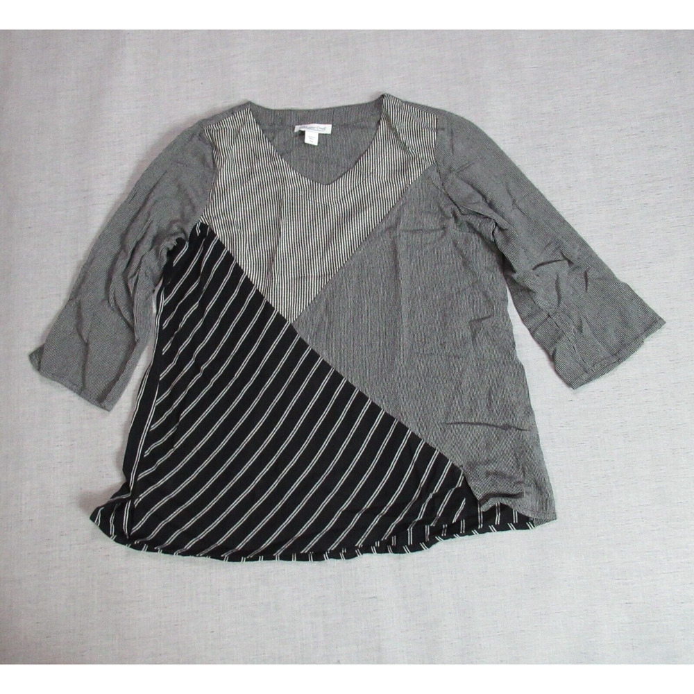COLDWATER CREEK Top Womens Size PM Black Gray Graphic Boho Chic Hipster Blouse
